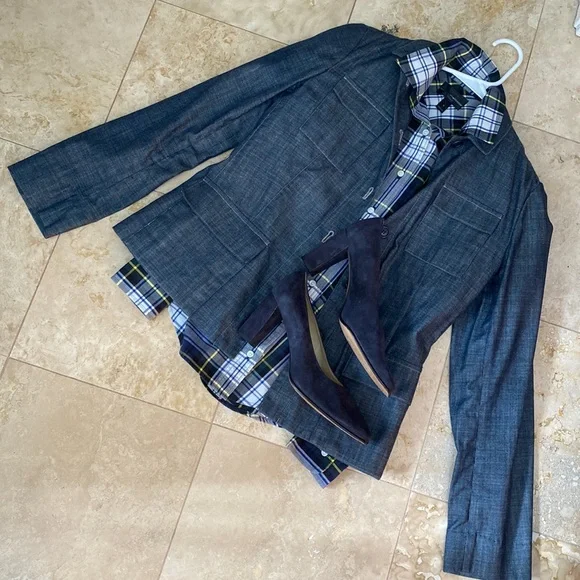 J. Crew Blue Tartan button down. Size 0. - Picture 2 of 7